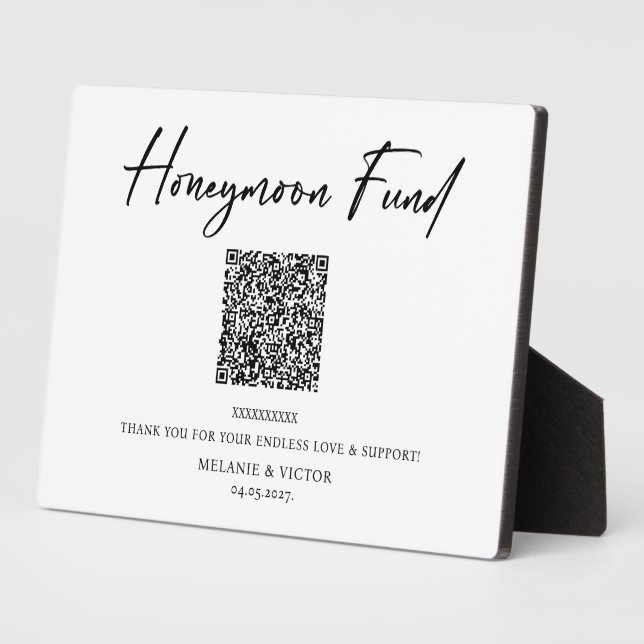 Honeymoon Fund QR Code Wedding Sign Poster Fotoplatte (Seite)