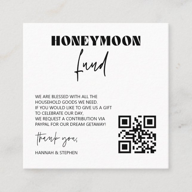 Honeymoon Fund Scan Enclosure Card QR Code Hochzei Quadratische Visitenkarte (Vorderseite)
