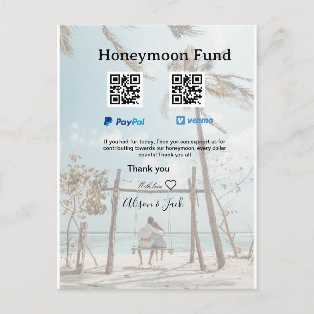 Honeymoon fund venomo paypal donation Q R couple Postkarte (Vorderseite)