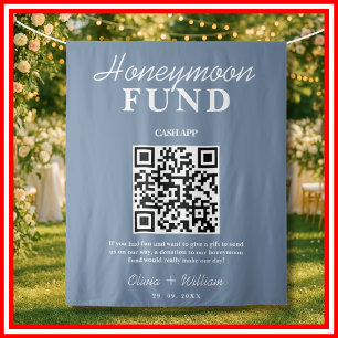 Honeymoon Fund Wedding QR Dusty Blue Background Wandteppich