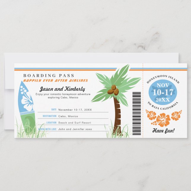 Honeymoon Gift Boarding Pass Palm Tree Surf Board Einladung (Vorderseite)