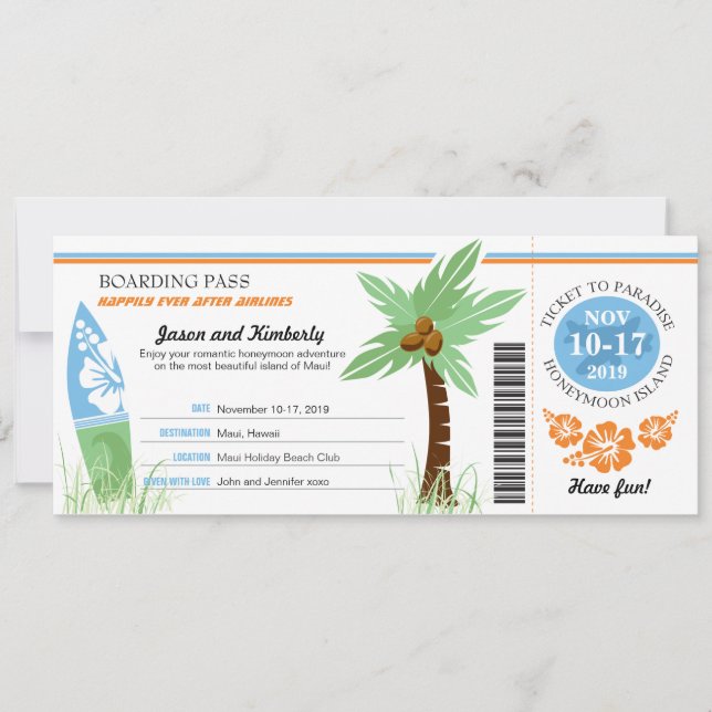 Honeymoon Gift Boarding Pass Palm Tree Surf Board Einladung (Vorderseite)