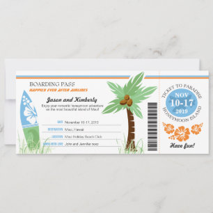 Honeymoon Gift Boarding Pass Palm Tree Surf Board Einladung