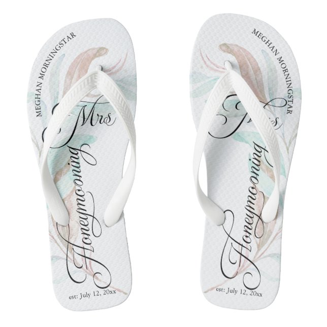 Honeymooning MRS. Watercolor Eukalyptus-Blätter Flip Flops (Fußbett)