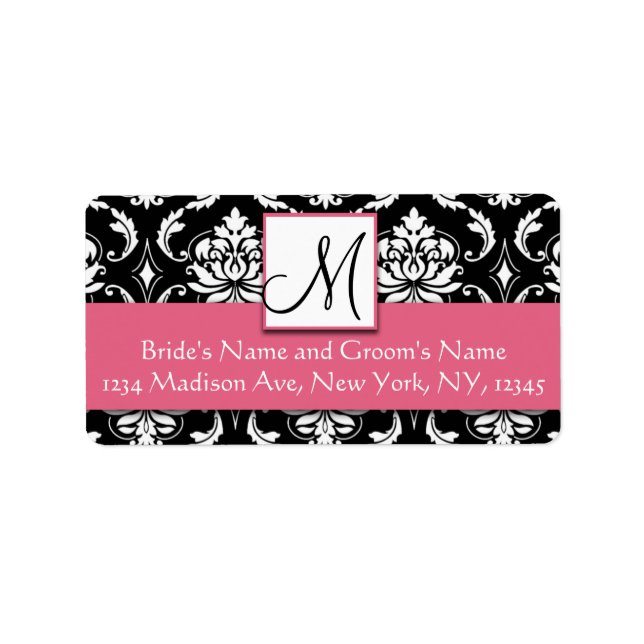 Honeysuckle Pink Damask Monogram Address Labels Adressaufkleber (Vorne)