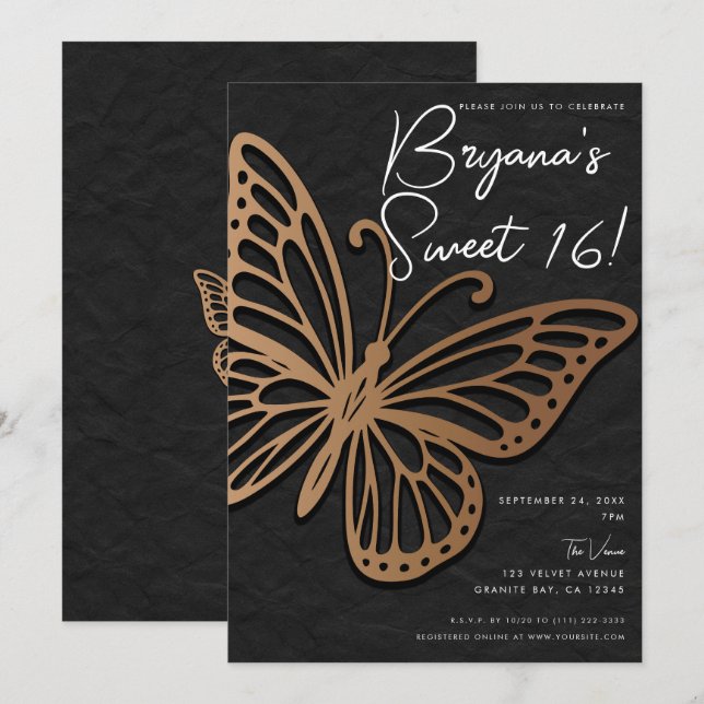 Honeywind Brown Black Boho Butterfly Sweet 16 Einladung (Vorne/Hinten)