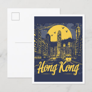 Hong Kong City Vintage Reiseillustration Postkarte