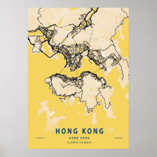 Hong Kong - Hong Kong Gelbe Stadtkarte Poster