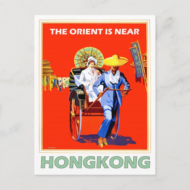 Hong Kong, Lady in Rickshaw, Vintage Reise Postkarte (Vorderseite)