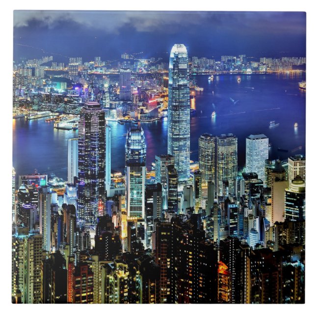 Hong Kong-NachtSkyline Fliese (Vorderseite)