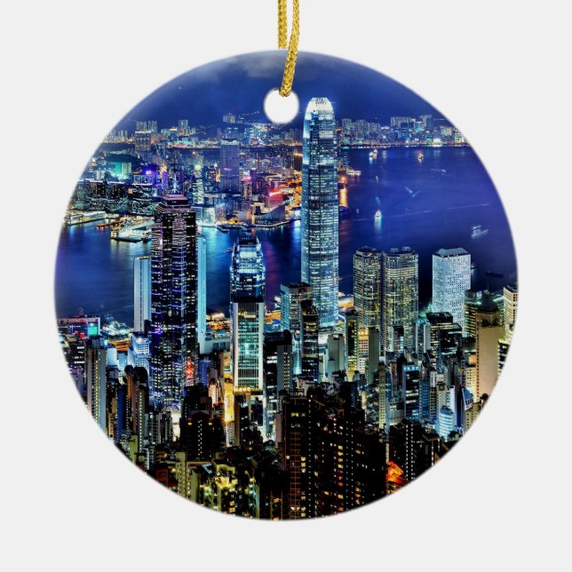Hong Kong-NachtSkyline Keramikornament (Vorne)