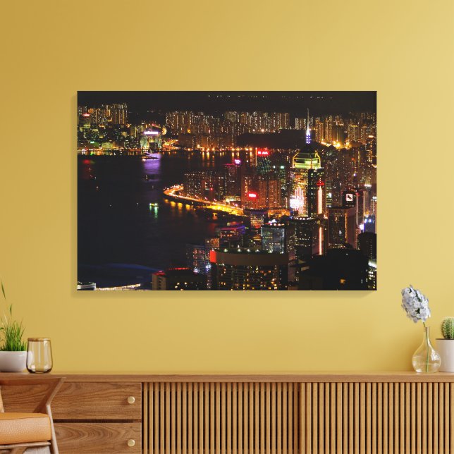 Hong Kong Nightscape Stretch Canvas Print Leinwanddruck (Insitu (Wohnzimmer))