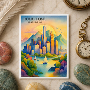 Hong Kong Skyline Aquarell Postkarte   Reise Gif