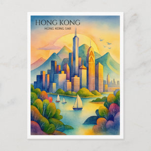 Hong Kong Skyline Watercolor Postcard   Gif Feiertagspostkarte