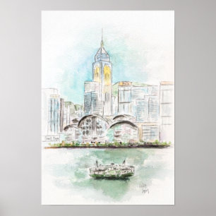 Hong Kong Victoria Hafen 1 Tinte und Aquarell Poster