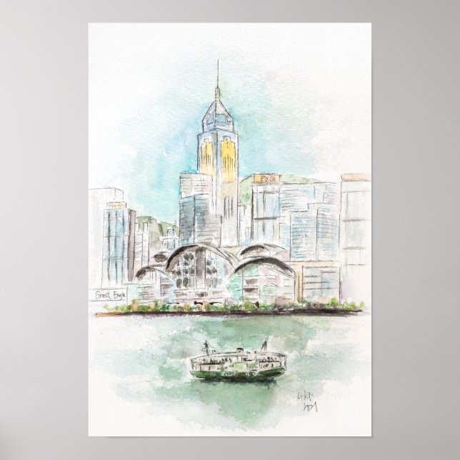 Hong Kong Victoria Hafen 1 Tinte und Aquarell Poster (Vorne)
