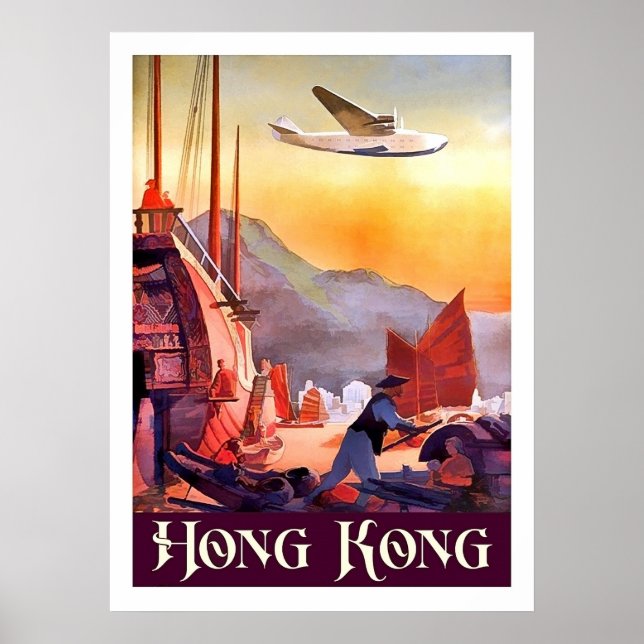 Hongkong, Boote im Stadthafen, Vintage Fluggesells Poster (Vorne)