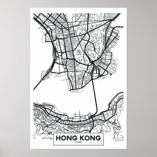 Hongkong, China | Schwarz-Weiß-Stadtplan Poster (Vorne)