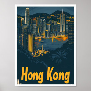 Hongkong China Vintage Reiseillustration Poster