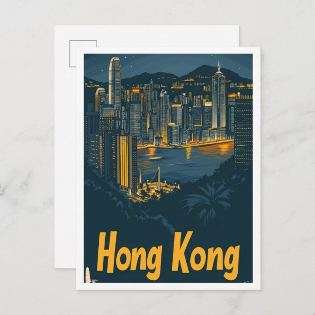 Hongkong China Vintage Travel Illustration Postkarte (Vorne/Hinten)
