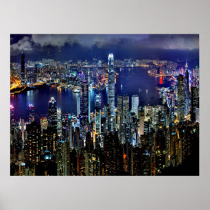 Hongkong City Skyline Lights - Nacht Poster