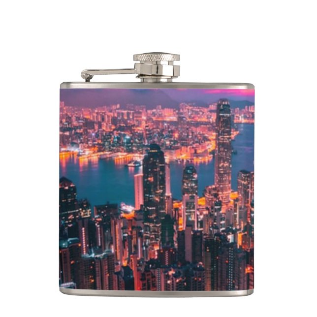 Hongkong Skycraper Skyline Night Lights Flachmann (Vorderseite)