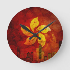 Hongkong Skyline HK Flag Grunge Hintergrund Illust Runde Wanduhr