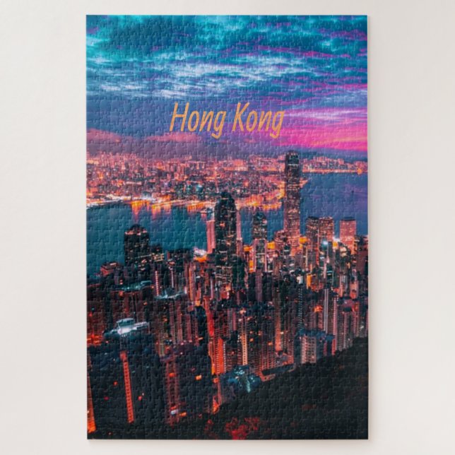 Hongkong Wolkenkratzer Skyline Nachtlicht Puzzle (Vertikal)