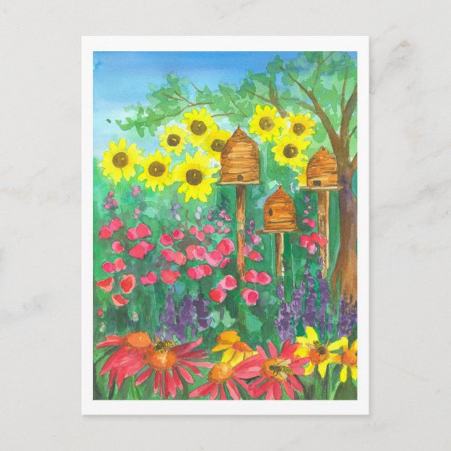 Honig-Biene Skep Sonnenblume-Aquarell-Garten Postkarte (Vorderseite)