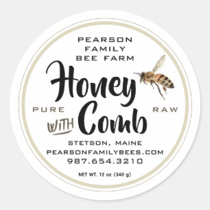 Honig mit Comb Label Flying Bee auf Weiß Runder Aufkleber