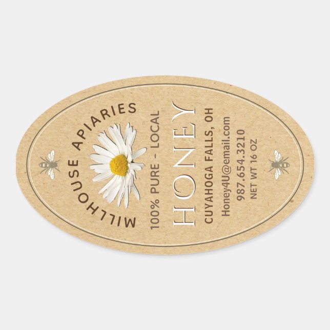 Honig mit Daisy und Bienen Kraft in einer Handflas Ovaler Aufkleber (Vorderseite)