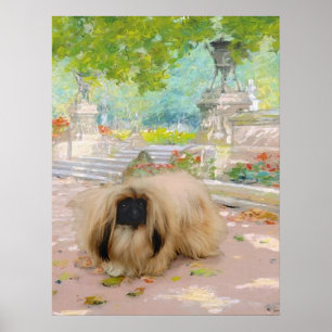 Honig Pekingese in floraler Kulisse Poster