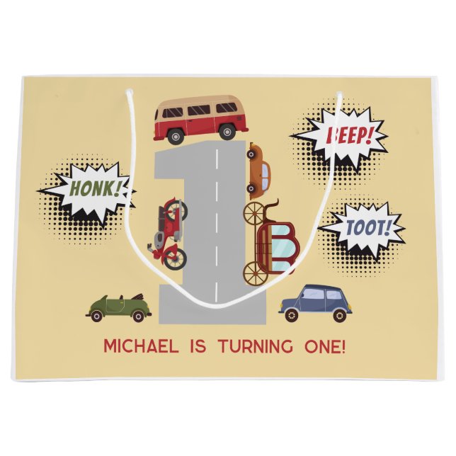 Honig Piepton Retrofahrzeuge erste Junge Geburtsta Große Geschenktüte (Vorderseite)