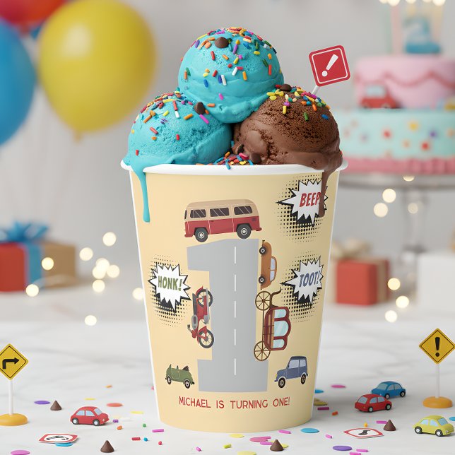 Honig Piepton Retrofahrzeuge erste Junge Geburtsta Pappbecher (Von Creator hochgeladen)