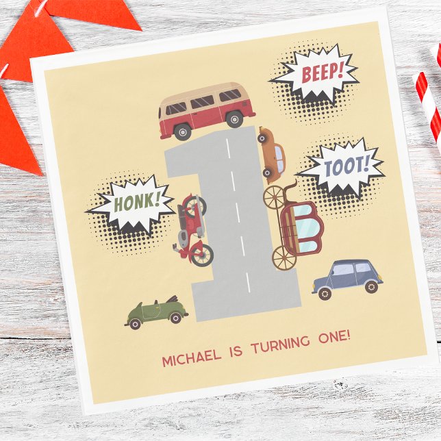 Honig Piepton Retrofahrzeuge erste Junge Geburtsta Serviette (Von Creator hochgeladen)