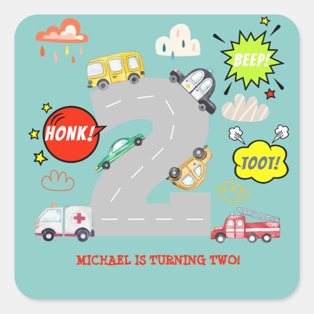 Honig Pieptoto Fahrzeuge Junge Geburtstag Quadratischer Aufkleber (Vorderseite)