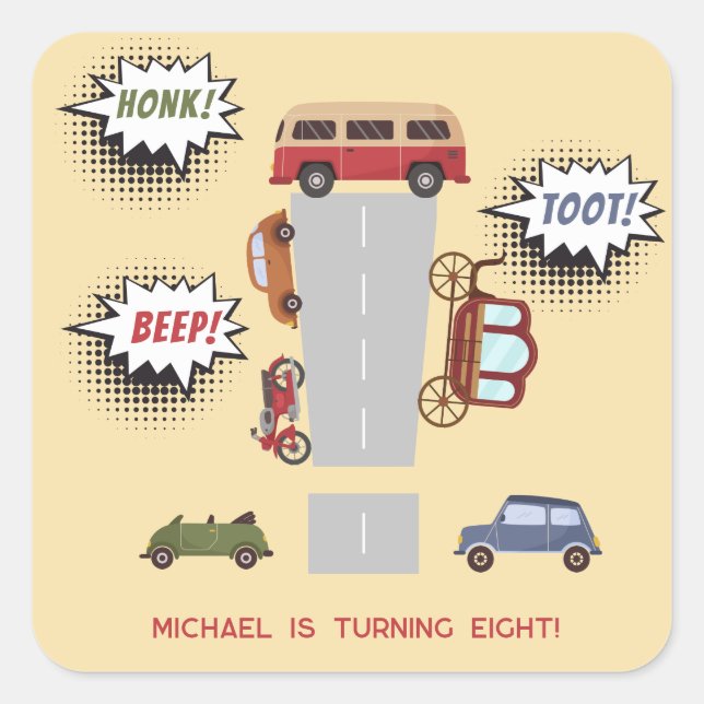 Honig Pieptoto Retrofahrzeuge Junge Geburtstag Quadratischer Aufkleber (Vorderseite)