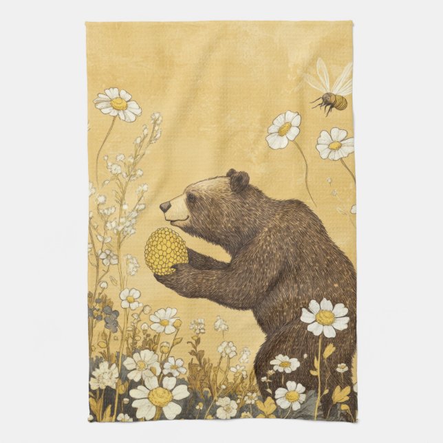 Honigbär auf Wiesen mit Wildblumen Geschirrtuch (Vertikal)