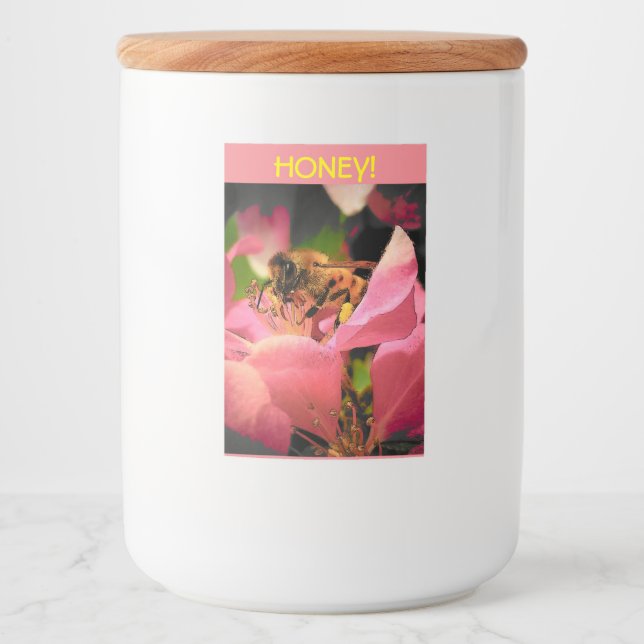 Honigbiene auf Crabaple-Blüte Lebensmitteletikett (Vorderseite)