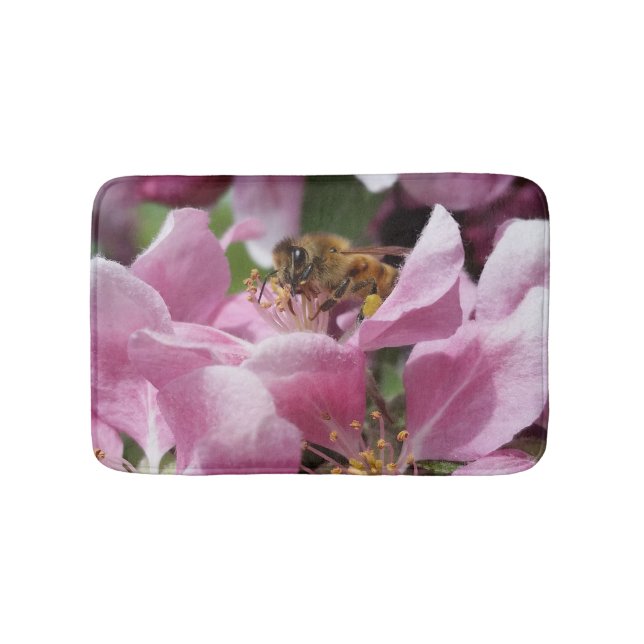 Honigbiene auf rosa Crabappelblüte Badematte (Vorderseite)
