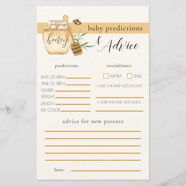 Honigbiene Baby Shower Vorhersage Spiel (Vorderseite)