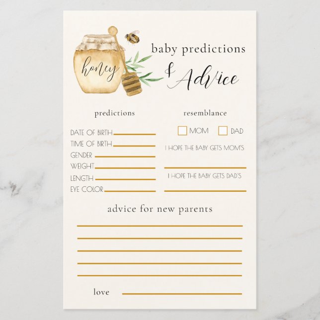 Honigbiene Baby Shower Vorhersage Spiel (Vorderseite)