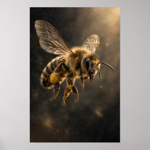 Honigbiene im Flug mit goldenem Pollen Naturwand Poster