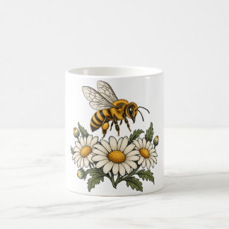 Honigbiene mit Gänseblümchen und botanischen Blätt Kaffeetasse