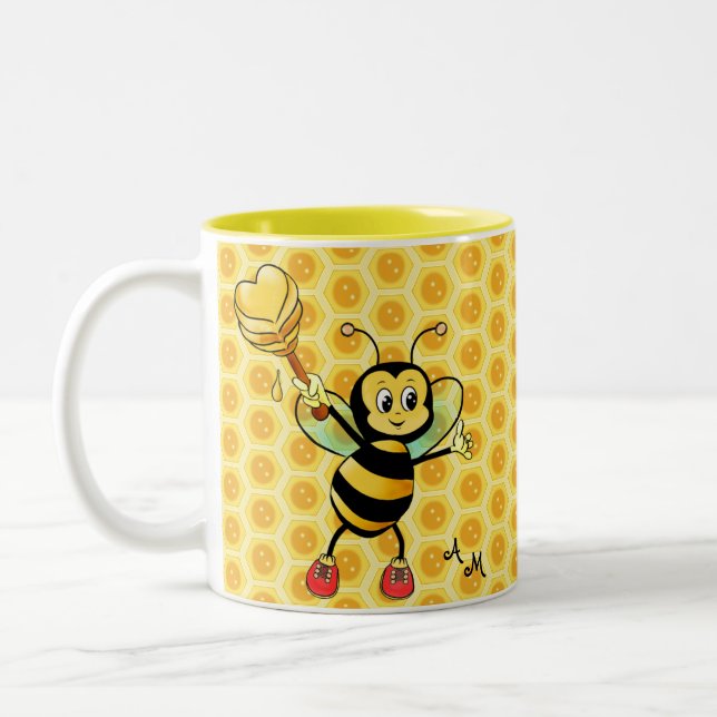 Honigbiene mit Herz & Monogramm Zwei-Tone-Kaffeemu Zweifarbige Tasse (Links)