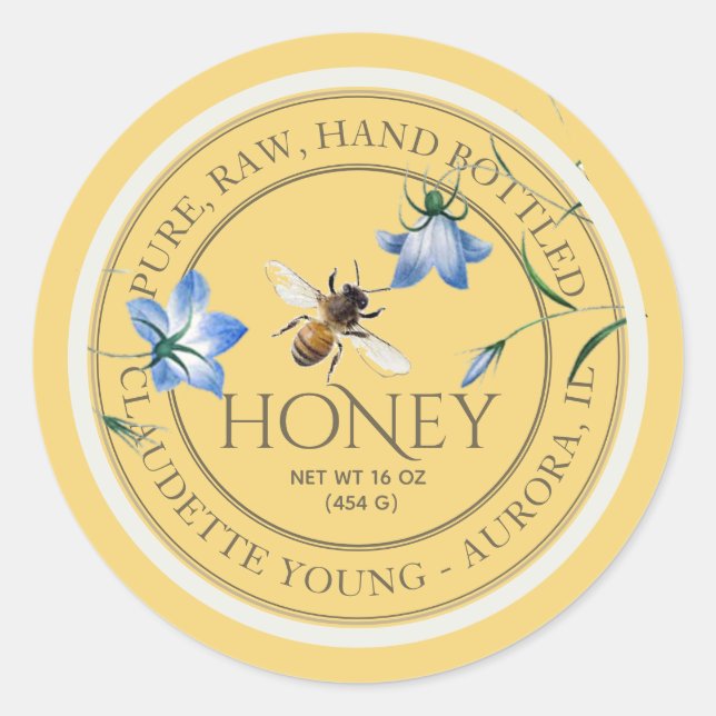 Honigbiene und Blütenblumen Gelbes Honiglabel Runder Aufkleber (Vorderseite)