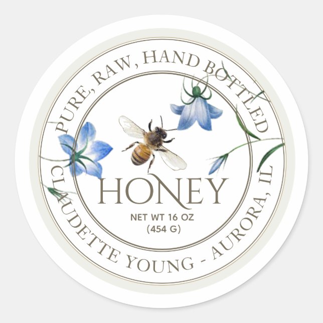 Honigbiene und Blütenblumen Honigweißes Etikett Runder Aufkleber (Vorderseite)