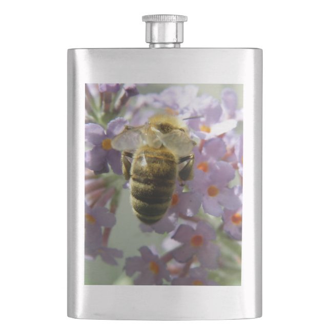 Honigbiene und Buddleia-Blume Flachmann (Vorderseite)