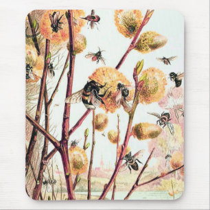 Honigbiene Vintage-Illustration Türkis Pink Gelb Mousepad