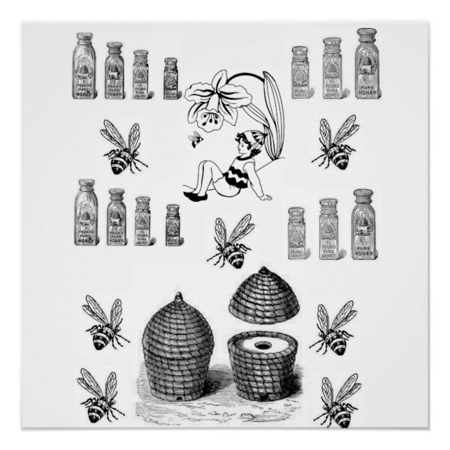 Honigbiene-weißes schwarzes Poster (Vorderseite)